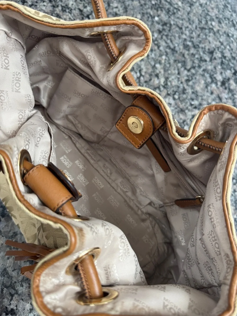 Michael Kors Beige MK Monogram Round handle Tote EUC